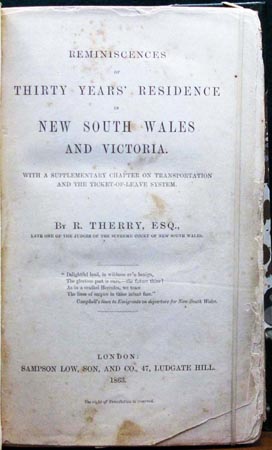 Reminiscences of Thirty Years Residence in NSW & Victoria - R. Therry - Title Page